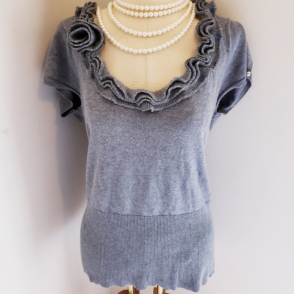 Cache Vintage Gray Rosette Lightweight Sweater - image 2